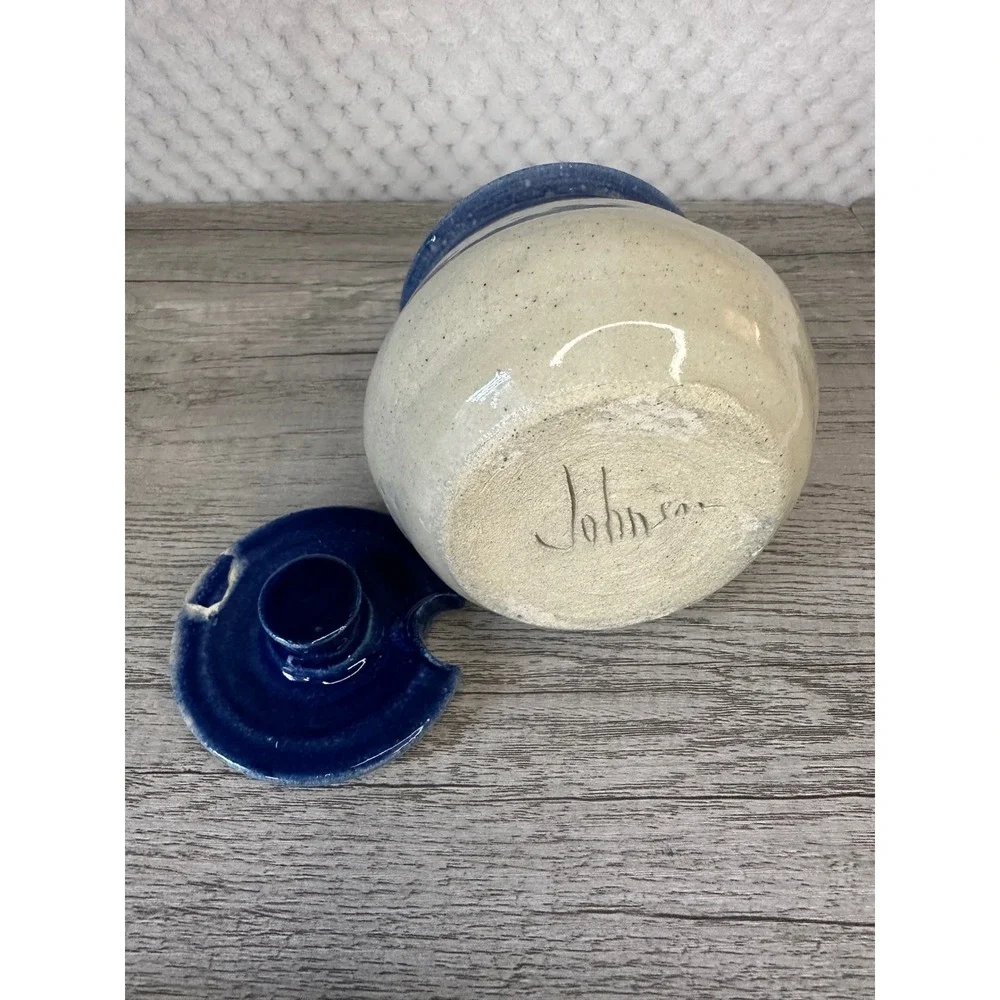 Johnson Studio Pottery Blueberry Stoneware Honey Pot with chipped Lid Blue Cream